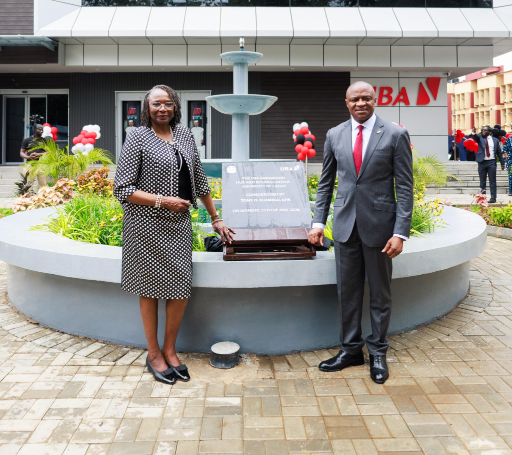 Vice Chancellor, University of Lagos, Professor Folasade T. Ogunsola and Group Managing Director/CEO, United Bank for Africa(UBA), Oliver Alawuba, during the presentation of N60m endowment fund towards research and development in Finance at the commissioning of UBA Innovation Hub and Business Office built by UBA Group at a ceremony held at the University’s campus in Akoka, Lagos on Monday