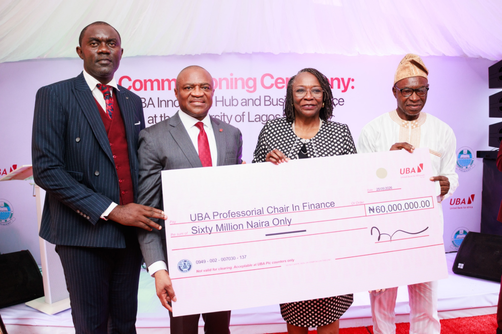 L-r: Occupier of UBA Professorial Chair in Finance, University of Lagos(UNILAG), Professor Lawal Adedoyin ; Group Managing Director/CEO, United Bank for Africa(UBA), Oliver Alawuba; Vice Chancellor, University of Lagos, Professor Folasade Ogunsola; and Chairman, Board of Trustees (BOT) UBA Professorial Chair in Finance, UNILAG, professor Isola Wakeel, during the presentation of N60m endowment fund towards research and development in Finance at the commissioning of UBA Innovation Hub and Business Office built by UBA Group at a ceremony held at the University’s campus in Akoka, Lagos on Monday