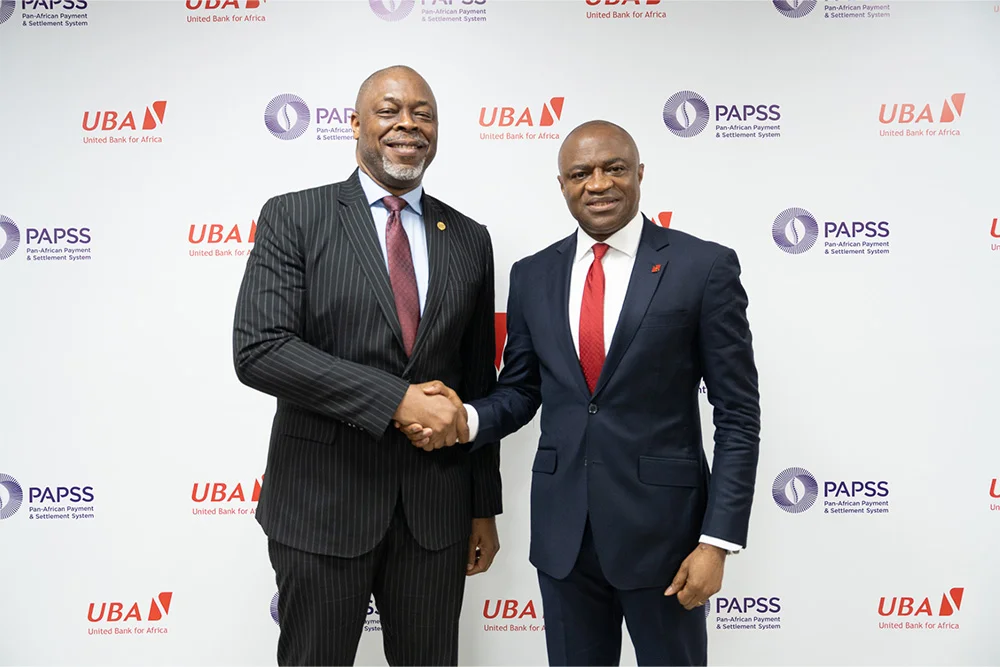 l-r: Chief Executive Officer at Pan-African Payment & Settlement System(PAPSS), Mike Ogbalu III and Group Managing Director/CEO, United Bank for Africa(UBA), Oliver Alawuba, at the media session held to announce the successful integration of PAPPS into UBA LEO, enabling instant, seamless and secure transactions in local currencies between African countries, held at the Bank’s headquarters in Lagos on Wednesday.