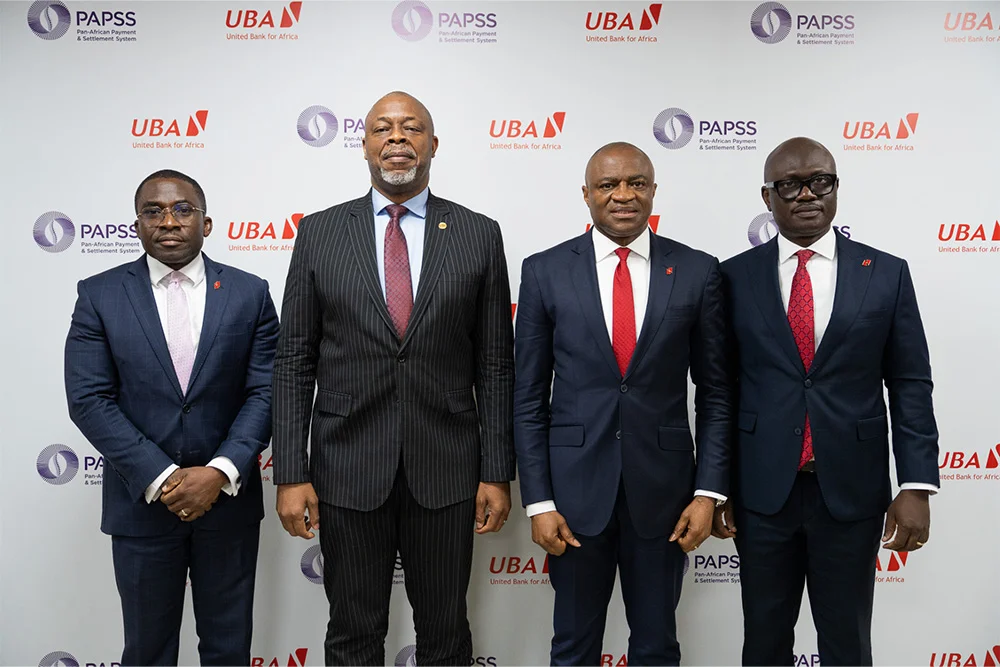 l-r: Group Head, Resources, United Bank for Africa(UBA), Tomiwa Sotiloye; Chief Executive Officer at Pan-African Payment & Settlement System(PAPSS), Mike Ogbalu III; Group Managing Director/CEO, United Bank for Africa(UBA), Oliver Alawuba; and Group Head, Digital and Retail Banking, Shamsideen Fashola, during the press conference for the announcement of the successful integration of PAPPS into LEO, UBA’s AI-powered chatbot, enabling instant, seamless and secure transactions in local currencies between African countries, held at the Bank’s headquarters in Lagos on Wednesday.