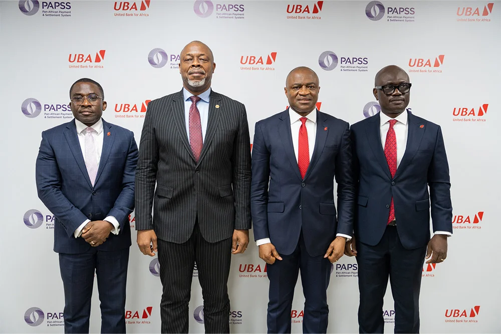 l-r: Group Head, Resources, United Bank for Africa(UBA), Tomiwa Sotiloye; Chief Executive Officer at Pan-African Payment & Settlement System(PAPSS), Mike Ogbalu III; Group Managing Director/CEO, United Bank for Africa(UBA), Oliver Alawuba; and Group Head, Digital and Retail Banking, Shamsideen Fashola, during the press conference held to announce the successful integration of PAPPS into LEO, UBA’s AI-powered chatbot, enabling instant, seamless and secure transaction in local currencies between African countries, held at the Bank’s headquarters in Lagos on Wednesday.