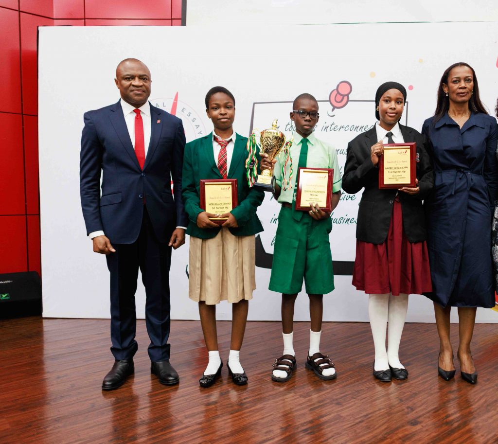 Group Managing Director/CEO, United Bank for Africa (UBA), Oliver Alawuba; 1st Runner up, 2025 UBA Foundation National Essay Competition and Student of Christian International High School, Owerri, Emerald Njokwu Kelechi; Winner, and student of Igando Community Senior High School, Igando, Lagos, Ebunoluwa Seth Oluwatimelehin;  2nd Runner up, & student of Cornerstone Montessori Schools, Gudu Abuja, Bayero Fatima Auwaland Managing Director, UBA Foundation, Bola Atta,  during the grand finale of the 2025 UBA Foundation Essay Competition for Senior School Students in Nigeria held at UBA House, Lagos, on Tuesday.