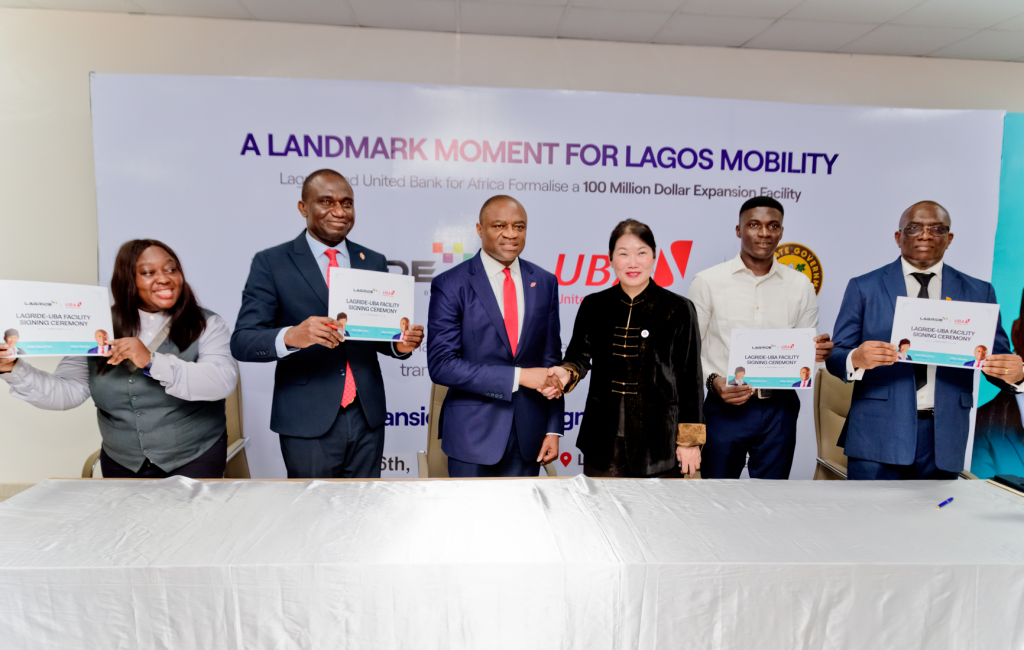 l-r: Group Managing Director/CEO, United Bank for Africa(UBA) and Chairman, LagRide, Chief Diana Chen, flagged by LagRide drivers, at the signing ceremony and launching of $100 Million "Drive to Own" Vehicle Financing Scheme, strengthening smart mobility, driver asset ownership of over 3,500 cars, financed by UBA, in partnership with Lagos State Government and LagRide, held in Lagos on Tuesday.