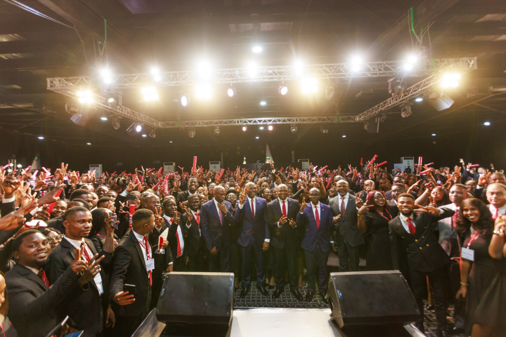 Executive Director, Finance, Ugo Nwaghodoh, Group Chairman, United Bank for Africa, Tony Elumelu; Group Managing Director, UBA, Oliver Alawuba, Executive Director; Deputy Managing Director, Chukwuma Nweke and Executive Director, Personal and Business Banking, United Bank for Africa, Chidi Okpala, flanked by graduands of the 2026 Graduate Management Accelerated Programme(GMAP) during the graduation ceremony held for over 700 trainees cut across Africa, in Lagos on Thursday.