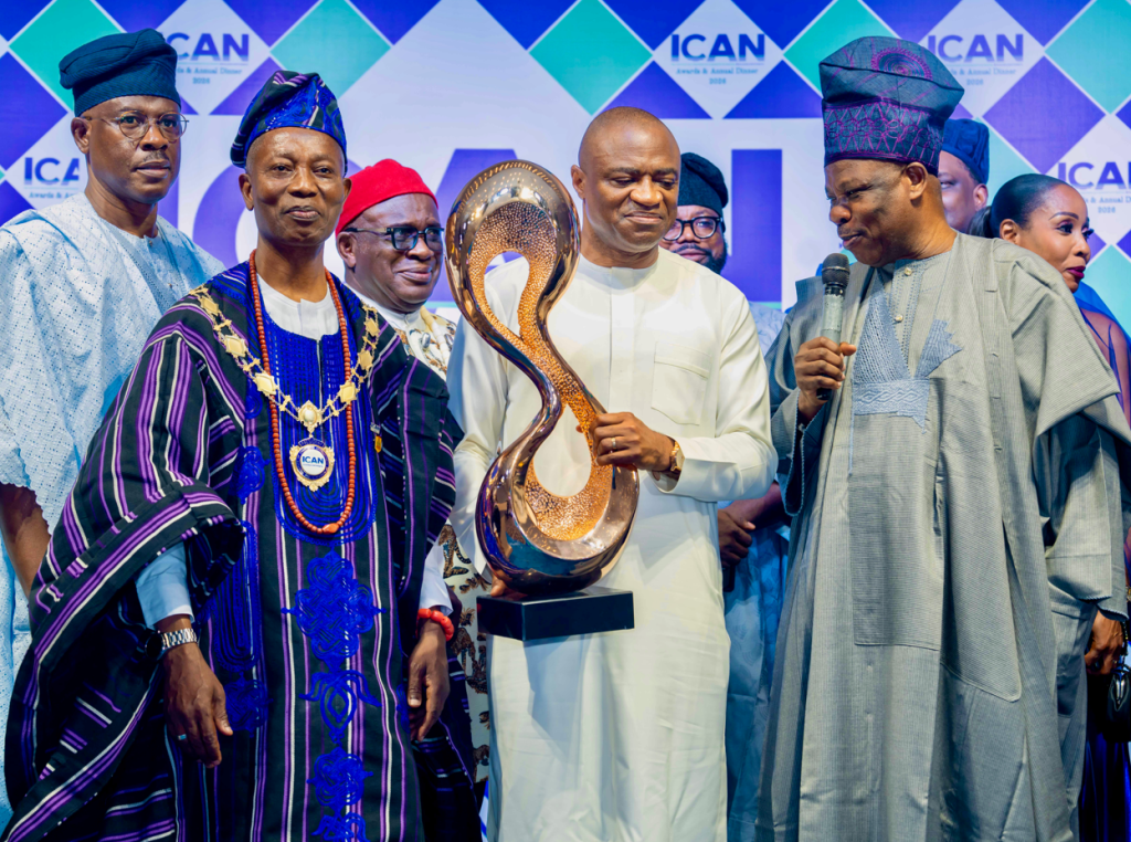 L-R: Former Ambassador of Nigeria to Ghana, Senator Musiliu Obanikoro; President and Chairman of Council, Institute of Chartered Accountants of Nigeria (ICAN), Mallam Haruna Nma Yahaya; award recipient and Group Managing Director/Chief Executive Officer, United Bank for Africa, Oliver Alawuba; and Former Governor of Ogun State and Special Guest of Honour, Senator Ibikunle Amosun, FCA, at the presentation of 2026 ICAN ICON Award to the UBA GMD, during the 2026 ICAN Annual Dinner and Award Night, held in Lagos at the weekend