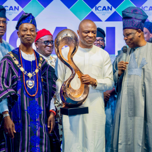 L-R: Former Ambassador of Nigeria to Ghana, Senator Musiliu Obanikoro; President and Chairman of Council, Institute of Chartered Accountants of Nigeria (ICAN), Mallam Haruna Nma Yahaya; award recipient and Group Managing Director/Chief Executive Officer, United Bank for Africa, Oliver Alawuba; and Former Governor of Ogun State and Special Guest of Honour, Senator Ibikunle Amosun, FCA, at the presentation of 2026 ICAN ICON  Award to the UBA GMD, during the 2026 ICAN Annual Dinner and Award Night, held in Lagos at the weekend