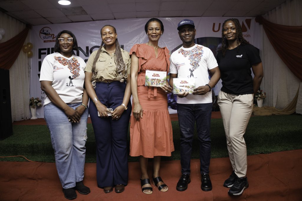 L–R: Education and Innovation Manager, Slum2School Africa, Oluyemi Alugo; Segment Executive, Children and Youth Banking, UBA, Ozioma Obi; Managing Director, UBA Foundation, Bola Atta; Senior Programmes Manager, Slum2School Africa, Adekunle Idowu; and Programmes Assistant, UBA Foundation, Farida Momoh, at the financial literacy workshop convened by UBA Foundation and Slum2School Africa, in Lagos, recently