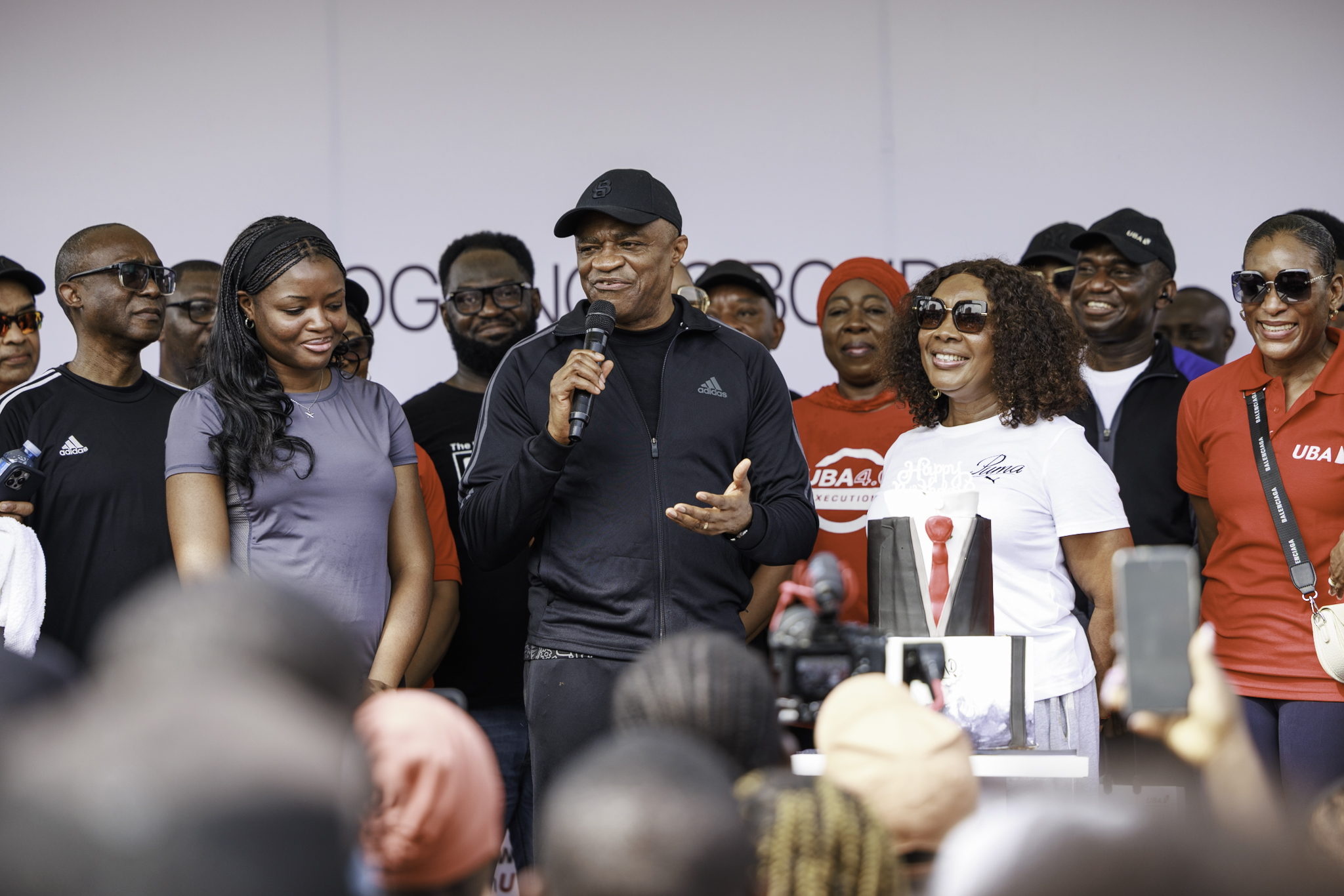 L-R: Group Deputy Managing Director, United Bank for Africa (UBA), Chukwuma Nweke; Group Managing Director's daughter, Elizabeth Oly-Alawuba; Group Managing Director/CEO, UBA, Oliver Alawuba; his wife, Professor Nkeiruka Oly-Alawuba; Head of Business, UBA, Babatunde Ajayi; and Group Head, Customer Experience, UBA, Michelle Nwoga, at the Bank's quarterly wellness initiative, "Jogging to Bond", held on 20th June, which also marked the GMD's 60th birthday.
