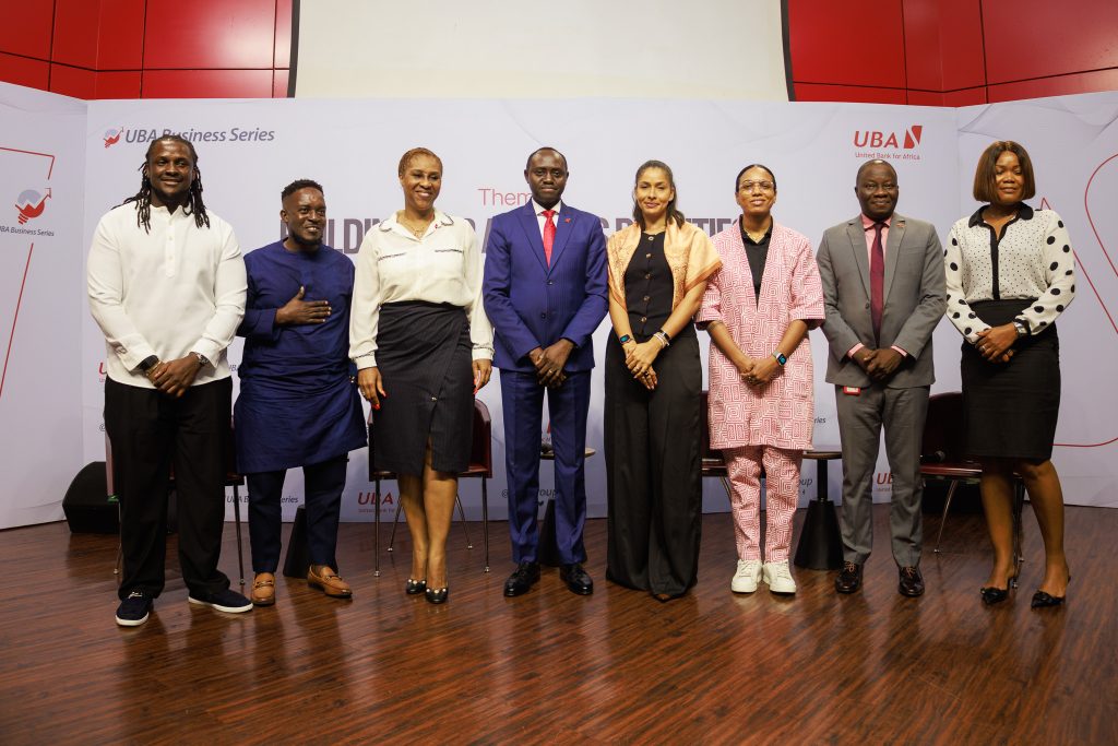 L-R: Co-founder and Chief Executive Officer of Chowdeck, Femi Aluko; Rapper and Entrepreneur, M.I Abaga; Head, Remittances, Uzoamaka Oyeka, United Bank for Africa (UBA); Head Digital Banking, UBA, Olukayode Olubiyi; Venture Capitalist/ Co-founder,  Octerra Capital, Ashim Egunjobi; Founder, Lumination Global Network, Adaora Mbelu; Head, Agency Banking, UBA, Adetunji Iyiola and Head Corporate & Other Collections,  UBA, Ugochi Obanua-Nwaukor, during the UBA Small Medium Enterprise (SME) Business Series, themed ‘,"Building for Africa's Realities: Turning Consumer Feedback into Technology-Driven Solutions," ’held at UBA house, Marina, Lagos, on Thursday