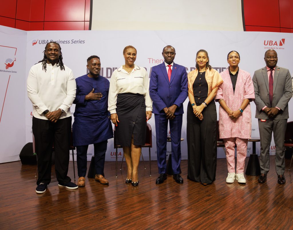 L-R: Co-founder and Chief Executive Officer of Chowdeck, Femi Aluko; Rapper and Entrepreneur, M.I Abaga; Head, Remittances, Uzoamaka Oyeka, United Bank for Africa (UBA); Head Digital Banking, UBA, Olukayode Olubiyi; Venture Capitalist/ Co-founder,  Octerra Capital, Ashim Egunjobi; Founder, Lumination Global Network, Adaora Mbelu and Head, Agency Banking, UBA, Adetunji Iyiola, during the UBA Small Medium Enterprise (SME) Business Series, themed ‘,"Building for Africa's Realities: Turning Consumer Feedback into Technology-Driven Solutions," ’held at UBA house, Marina, Lagos, on Thursday