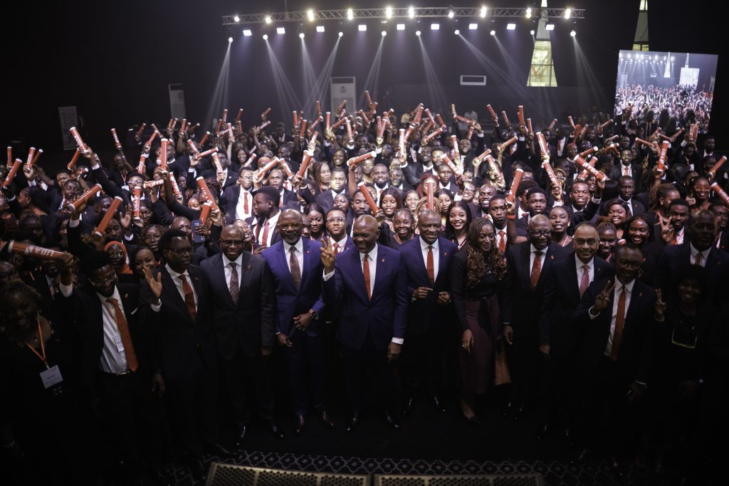 Executive Director, Finance, Ugo Nwaghodoh, Group Chairman, United Bank for Africa, Tony Elumelu; Group Managing Director, UBA, Oliver Alawuba, Group Head, Customer Experience, UBA, Michelle Nwoga; Company Secretary, Bili Odum; Group Executive, Budget, Performance Management & Strategy, Anant Rao; Deputy Managing Director, Chukwuma Nweke and Executive Director designate, Personal and Business Banking, United Bank for Africa, Chidi Okpala and Chief Infrastructure, Enterprise & AI Officer, Jerome Obade, flanked by graduands of the 2026 Graduate Management Accelerated Programme(GMAP) during the graduation ceremony held for over 374 trainees from across Africa, in Lagos on Thursday.