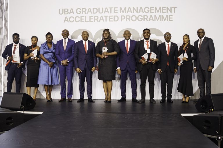 Group Chairman, United Bank for Africa, Tony Elumelu (7th left); Group Managing Director, UBA, Oliver Alawuba, (5th Left); Group Head, Human Resources, Modupe Akindele (3rd left) and Executive Director, Finance, Ugo Nwaghodoh , flanked by best the graduands of the 2026 Graduate Management Accelerated Programme(GMAP) class of UBA Academy, during the graduation ceremony held for over 374 trainees from across Africa, in Lagos on Thursday.