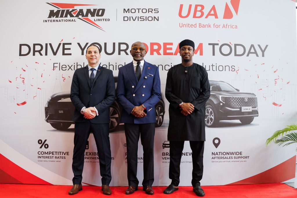 General Manager, Mikano Motors, Tarek Mostafa; Executive Director, Personal and Business Banking, United Bank for Africa, Chidi Okpala and National Operations Manager, Syam Abdulkadir, during a partnership signing between both parties, themed: ‘Drive Your Dreams Today’, a Flexible vehicle financing solutions, initiative at the Mikano Showroom in Victoria Island