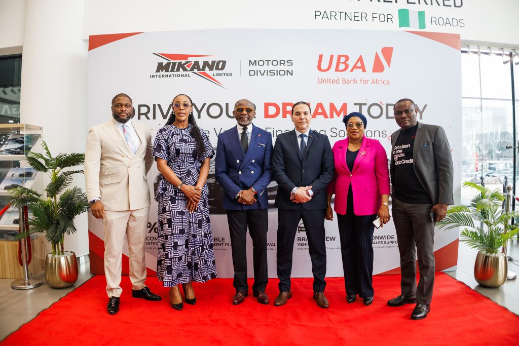 Sales Director, Chijioke Michael Mbonu; Regional Manager, Victoria Island, Adaeze Nnama; Executive Director, Personal and Business Banking, United Bank for Africa, Chidi Okpala; General Manager, Mikano Motors, Tarek Mostafa; Regional Manager, Lagos Island 1, Hauwa Sadiq-Adamu and Group Head, Consumer Lending, Frank Okoh during a partnership signing between both parties, themed: ‘Drive Your Dreams Today’, a Flexible vehicle financing solutions, initiative at the Mikano Showroom in Victoria Island