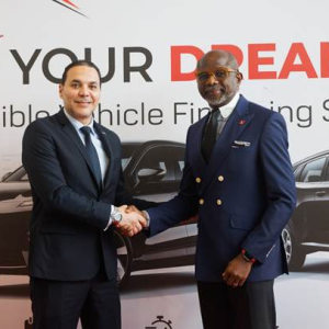 General Manager, Mikano Motors, Tarek Mostafa and Executive Director, Personal and Business Banking, United Bank for Africa, Chidi Okpala during a partnership signing ceremony between both parties, themed: ‘Drive Your Dreams Today’, a Flexible vehicle financing solutions, at the Mikano Showroom in Victoria Island