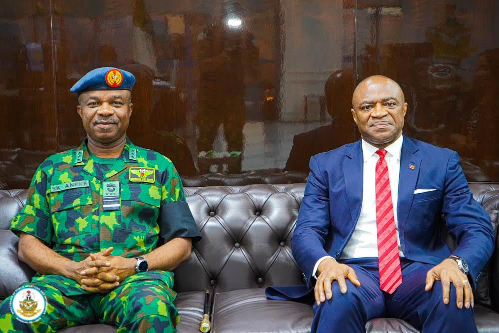 L-r: Chief of Air Staff, Air Marshal, Sunday Aneke and Group Managing Director/CEO, United Bank for Africa (UBA) Plc, Oliver Alawuba, during UBA GMD’s visit to the NAF Headquarters, Abuja, to commiserate with the Air Force over the NAF 931 crash, standing at his back is the Principal Staff Officer of the Mission, Nigerian Air Force (NAF), Group Captain F. O. Olanrewaju, in Lagos on Monday.